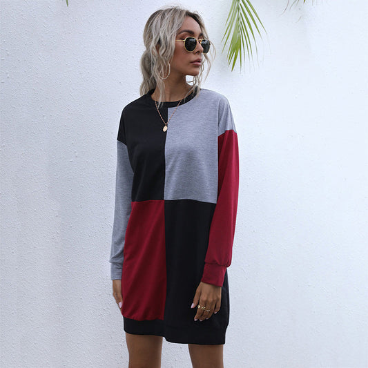 Autumn Women Clothing Long Sleeve Color Matching Sweater Dress