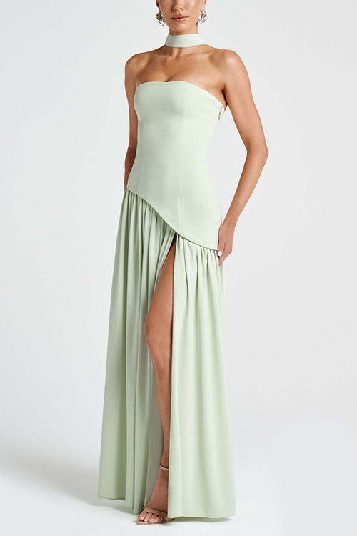  Strapless Back Lace-up High Slit Splice Maxi Dress