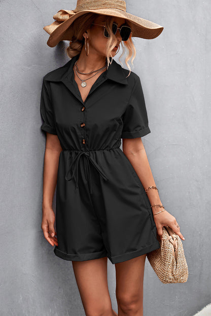 Spring Summer Popular Shirt Collar Short Sleeve Lace-up Romper