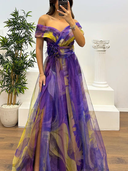 Fairy Flower Feather Pendant Elegant Fallen Fold Off Shoulder Party Split Design Long Dress