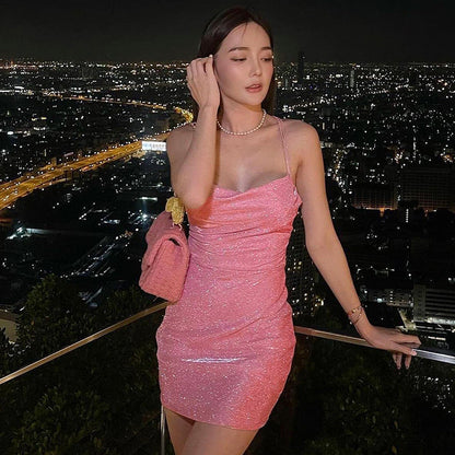 Sling Thin Glittering Sexy Backless Lace Up Dress Elegant Sexy Dress Hip Dress Women