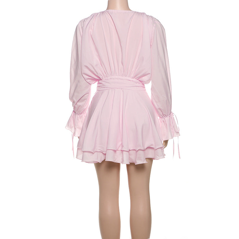 Solid Color Long Sleeve V-Neck Lace-Up Elegant Flower Decorated Mini Dress