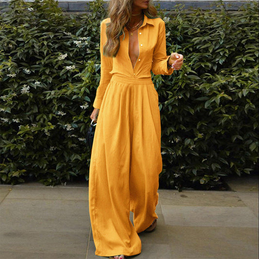 Women Clothing Solid Color Sexy Cardigan Shirt Casual Loose-Fitting Wide-Leg Trousers Two-Piece Set