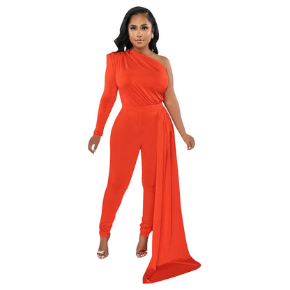 Women Autumn Pleated Shoulder Solid Color Tight Jumpsuit Women
