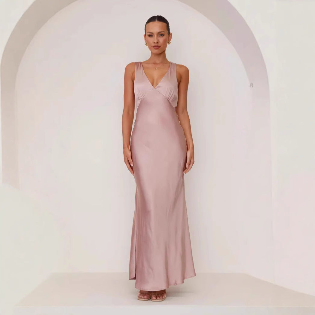 Women Dress Solid Color V neck Slim Fit Sexy Dress Evening Dress