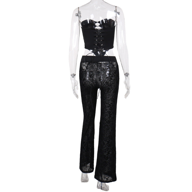 Flocking Lace Up Waist Tube Top Top Trousers Suit Spring Two Piece Suit