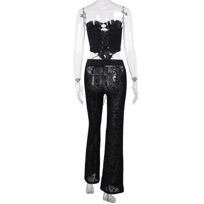 Flocking Lace Up Waist Tube Top Top Trousers Suit Spring Two Piece Suit