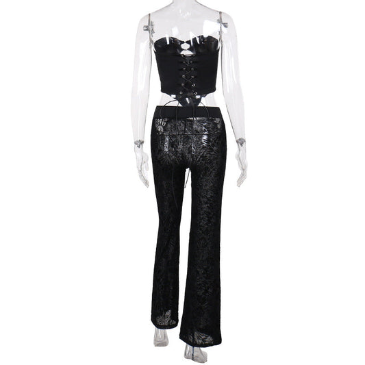 Flocking Lace Up Waist Tube Top Top Trousers Suit Spring Two Piece Suit