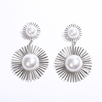 Beaded Double Geometric Pattern Drop Earrings
