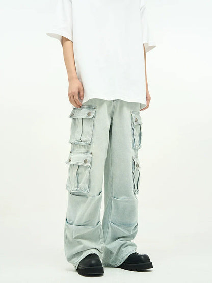 Light Wash Baggy Cargo Jeans with Multiple Flap Pockets