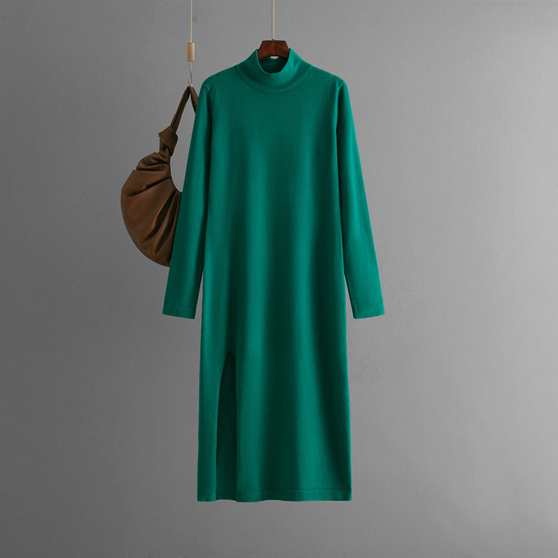 Half Turtleneck Knitted Dress Women Autumn Winter Solid Color Slit Long Sleeve Bottoming Trousers Inner Wear Woolen Dress