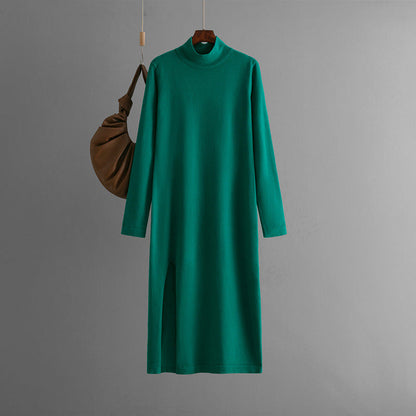 Half Turtleneck Knitted Dress Women Autumn Winter Solid Color Slit Long Sleeve Bottoming Trousers Inner Wear Woolen Dress