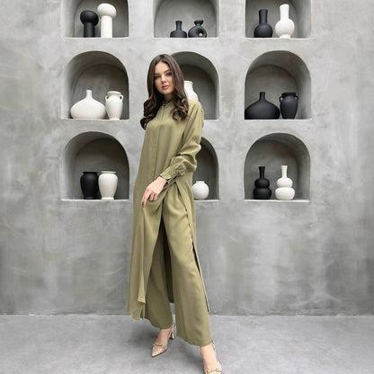 Women Clothing Multi Button Long Sleeve Split Stand Collar Shirt Casual Straight Pants Two Piece Set