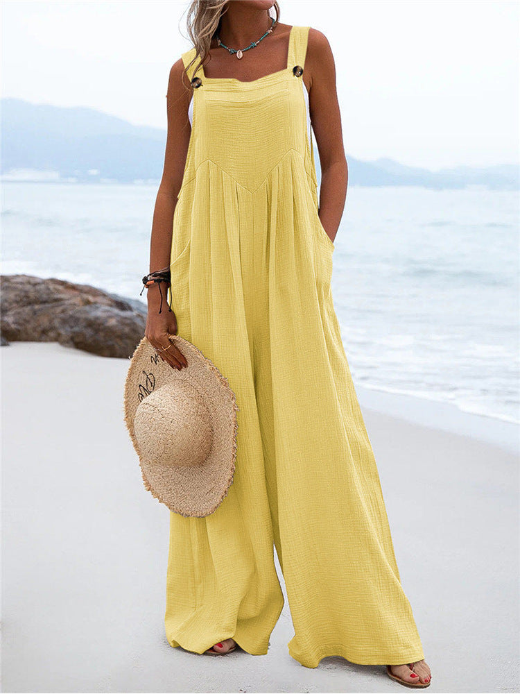 Summer New Women National Fashion Solid Color Buttons Sling Wide Leg Trousers Jumpsuit