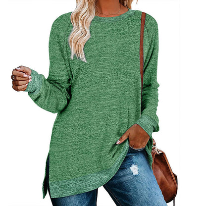 Women Clothing Long Sleeve round Neck Multicolor Split Top Loose Casual Pullover T shirt