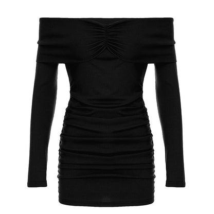 Women Clothing Spring Autumn Pleated Sexy off the Shoulder Sexy Long Sleeve Slim Sheath Short Dress