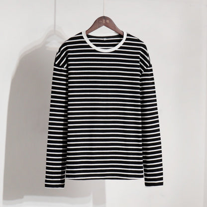 Long Sleeved Striped T shirt Spring Trendy Wild Casual round Neck Cotton Striped T shirt