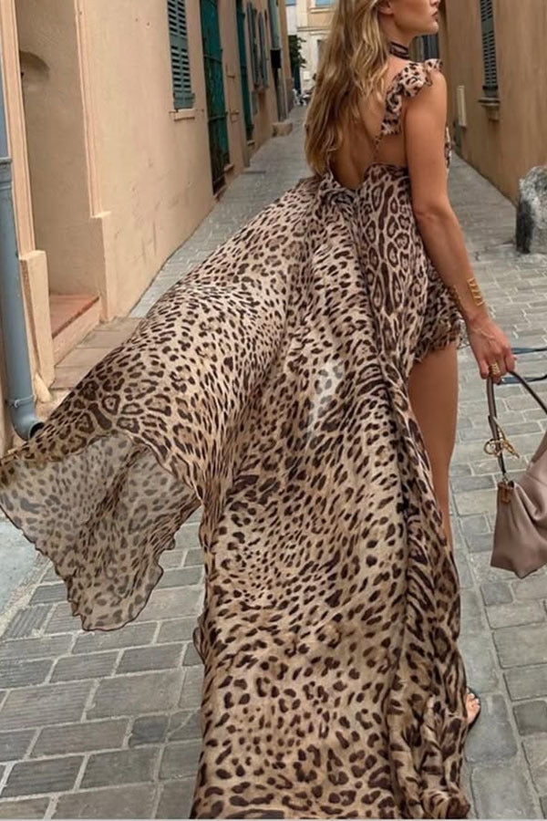 Immerse Vacation Leopard Tie-up Slit Midi Top and Elastic Waist Shorts Set
