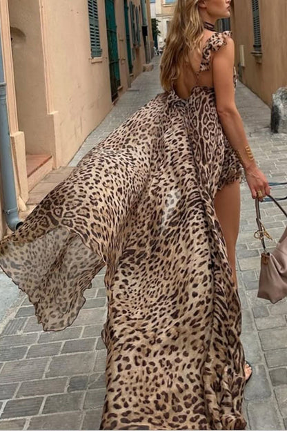 Immerse Vacation Leopard Tie-up Slit Midi Top and Elastic Waist Shorts Set