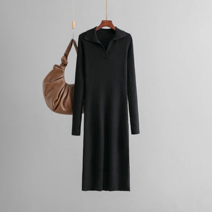 Long Autumn Winter Dress Polo Collar Knitted Solid Color Slim Fit Slimming Base dress Women Clothing