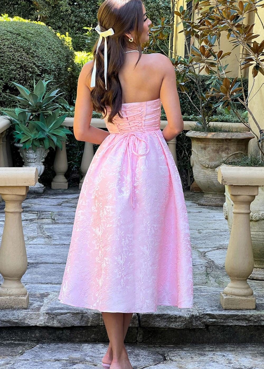 Blush Rosette – Strapless Jacquard Midi Dress with Corset Back