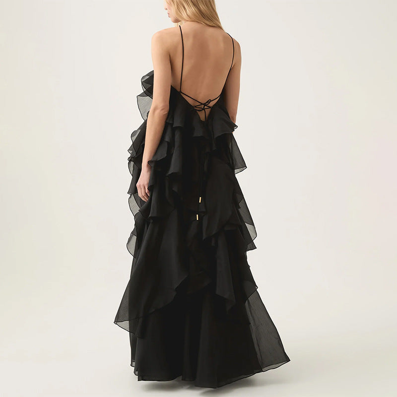 Free - Flowing Rose Detail Tiered Ruffles Halter A-line Maxi Dress
