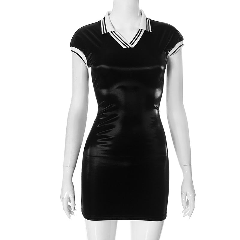Women Clothing Fall Winter Lapels Color Contrast Patchwork Glossy Tight Fitting Cinched Sheath Dress