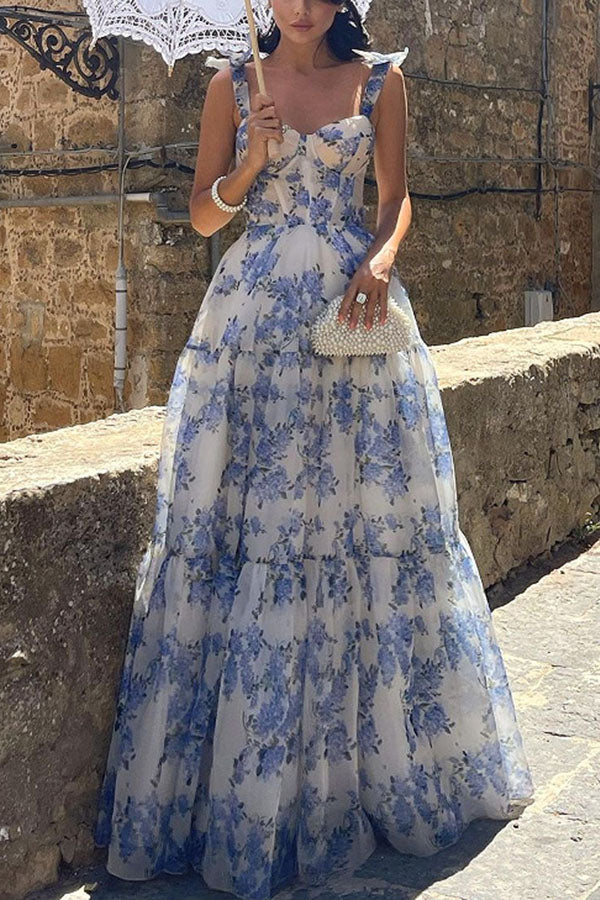 Fairytale Itself Organza Floral Print Tie Strap Maxi Dress