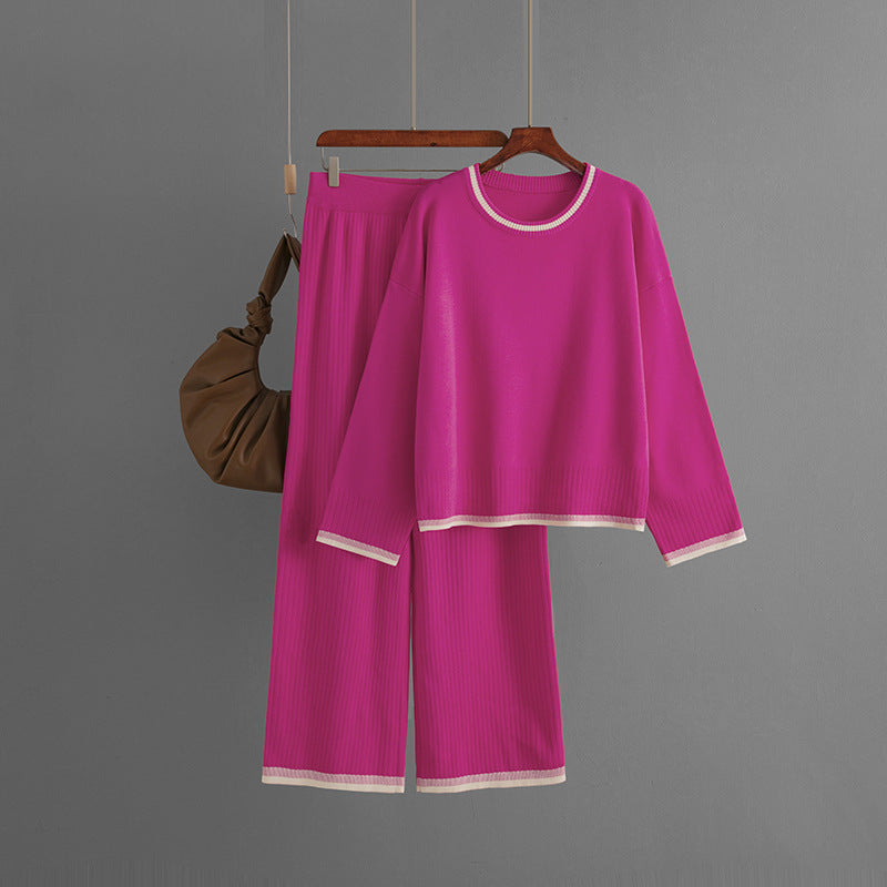 Knit Casual Suit Women Clothing Autumn Winter Contrast Color Long Sleeves Two Piece Set Women