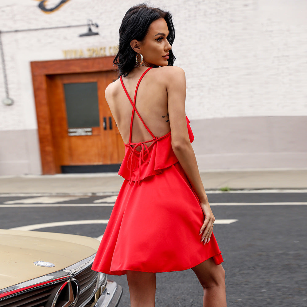 Summer Women Solid Color Backless Pleated Sexy Ruffles Slim Dress Women