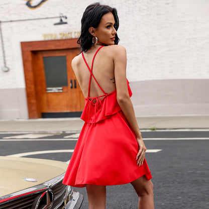 Summer Women Solid Color Backless Pleated Sexy Ruffles Slim Dress Women