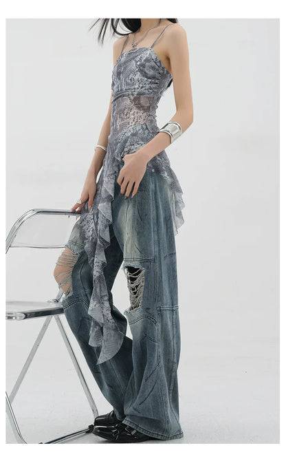 Vintage Distressed And Dirt-Dyed Patchwork Wide-Leg Jeans
