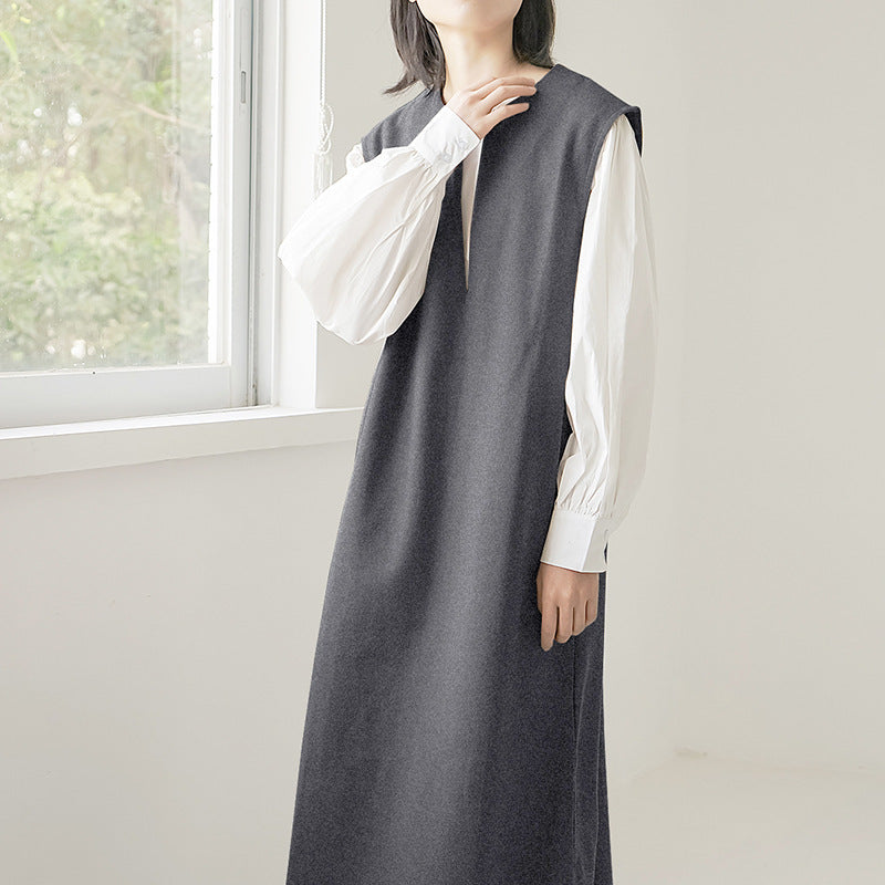 Real Shot Letian Autumn Winter 4 Color Woolen Coat Women V neck Solid Color Sleeveless Waistcoat Dress Outer Wear