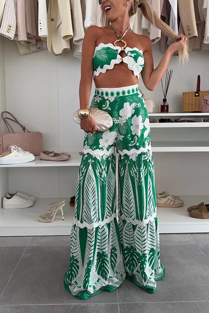 Cassie Ric Rac Trims Unique Print Halter Ring Tank and High Rise Wide Leg Pants Set