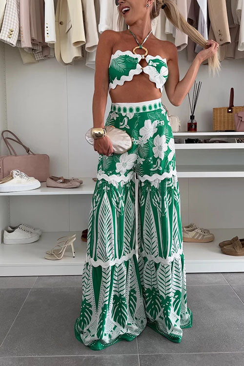 Cassie Ric Rac Trims Unique Print Halter Ring Tank and High Rise Wide Leg Pants Set