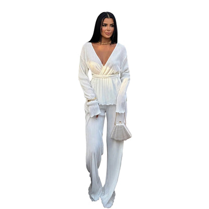 Women Clothing V Neck Long Sleeve Cardigan Autumn Winter Casual Two Piece Set
