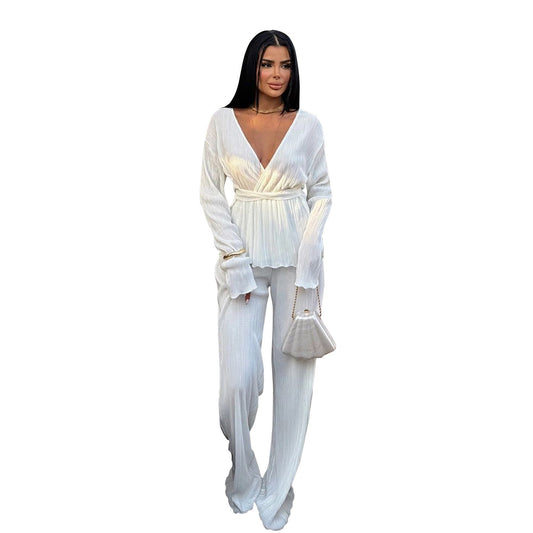 Women Clothing V Neck Long Sleeve Cardigan Autumn Winter Casual Two Piece Set