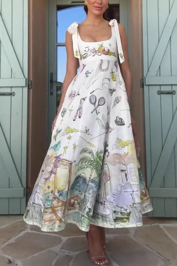 Euro Summer View Linen Blend Unique Print Tie-up Straps Pocket Midi Dress