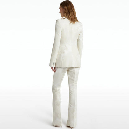 Women Elegant Jacquard Double Breasted Blazer Long Sleeved Two Piece Set