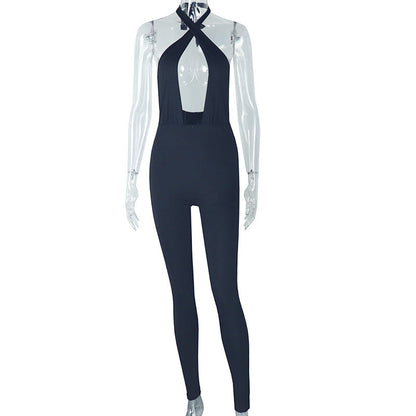 Women Clothing Sexy Micro Elastic Tight Fitting Solid Color Long Conjoined Trousers Sleeveless Halter Backless Bodysuit