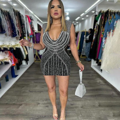Deep V Plunge neck Sleeveless Sheath Rhinestone Dress Women Sexy Evening Dress Hollow Out Cutout