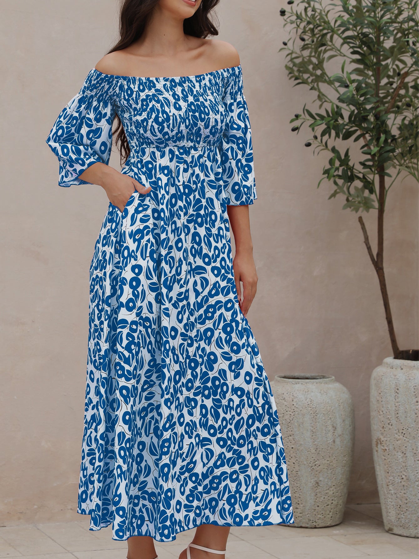 Ladies' Vacation Flower Street Elegant Printed Off Shoulder Waist Pocket Long Dress