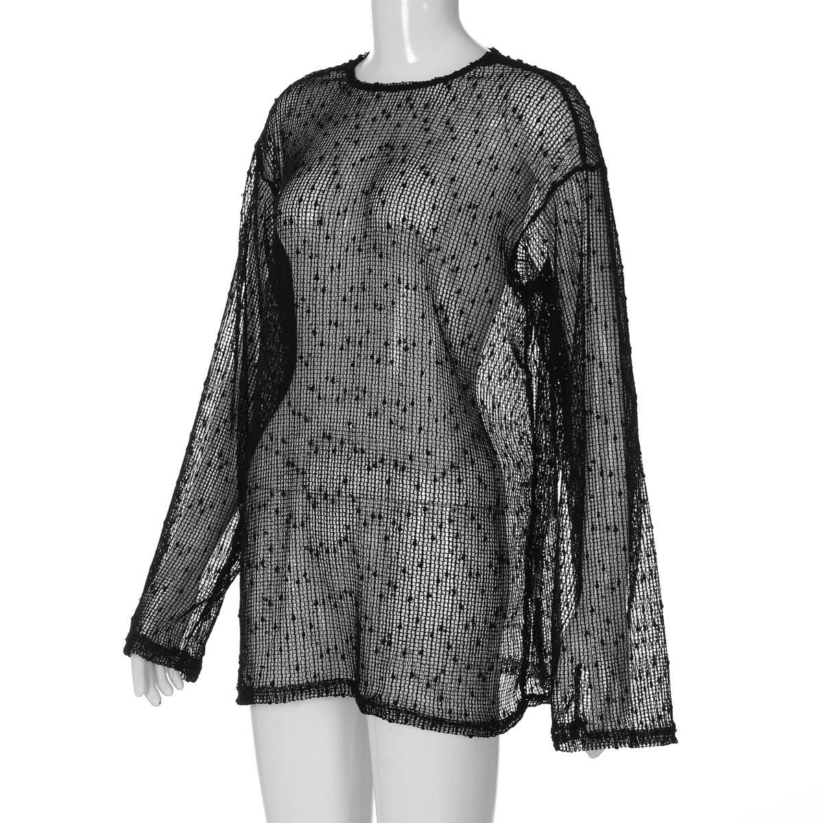 Long sleeve crewneck hollow out see through cut out top  | Festival Outfits Women