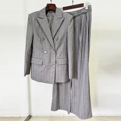 Spring Advanced Gray Heavy Embroidery Drilling Double Breasted Work Pant Two Piece Set