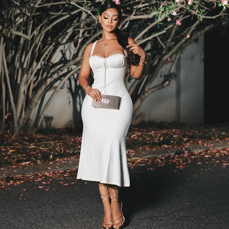 Women Elegant Strap Solid Color Fishtail Dress Sleeveless off Neck Length Dress
