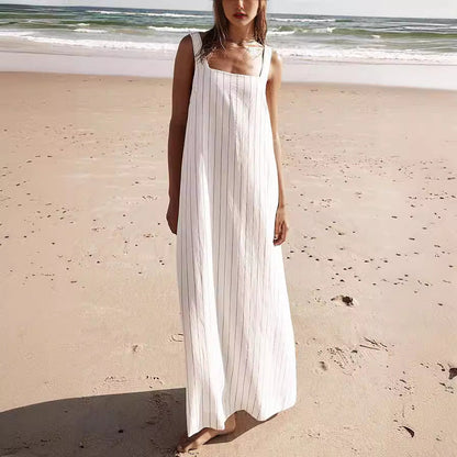 Spring Summer Square Collar Striped Minimalist Basic Sleeveless Dress for Women