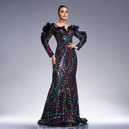 Long Sleeve V neck Hollow Out Cutout out Long Sequined Cocktail Fishtail Evening Dress Bridesmaid Dress Women