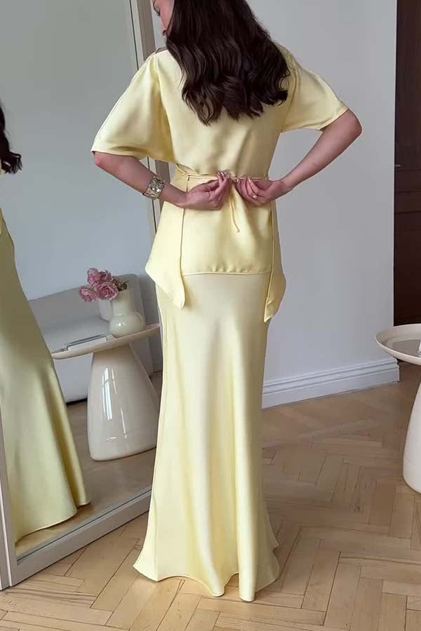 Secret of Elegance Satin Slit Back Lace-up Top and Elastic Waist Flare Maxi Skirt Set
