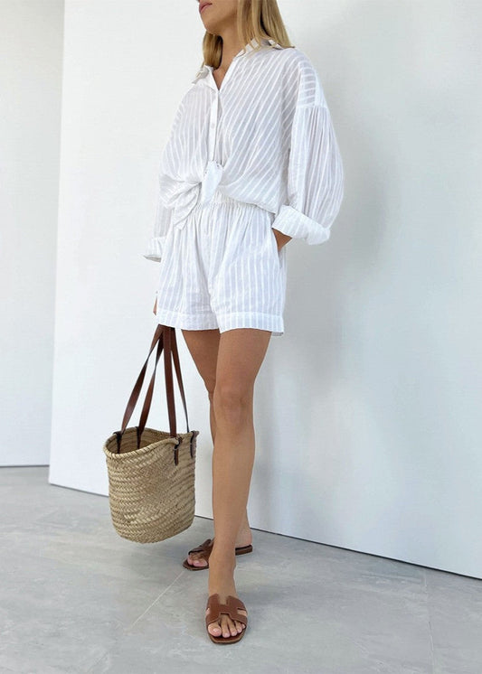 White Shoreline - Striped Cotton Shirt and Shorts Set