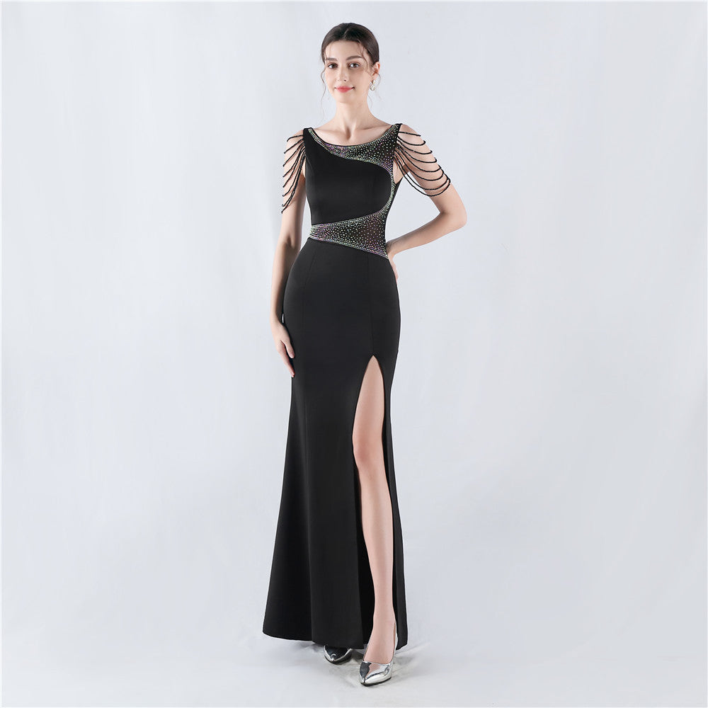 Dress Heavy Embroidery Drilling Give Sheer Mesh High Fork Satin Evening Dress Annual Meeting Wedding